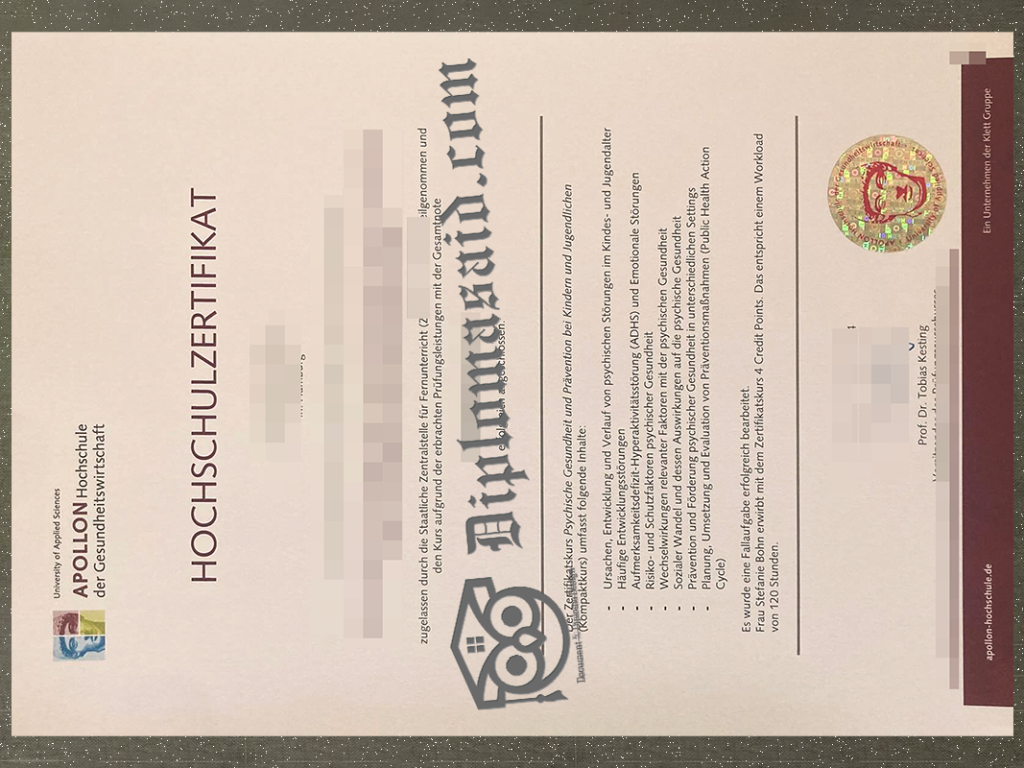 Apollon Hochschule der Gesundheitswirtschaft Hochschulzertifikat, Apollon Hochschule der Gesundheitswirtschaft Degree