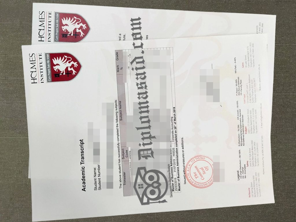 Holmes Institute transcript, Holmes Institute degree