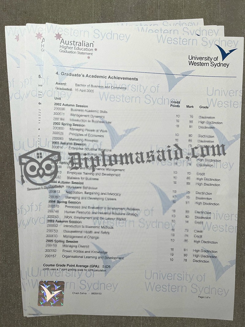 Western Sydney transcript, Western Sydney Degree Western Sydney transcript, Western Sydney Degree