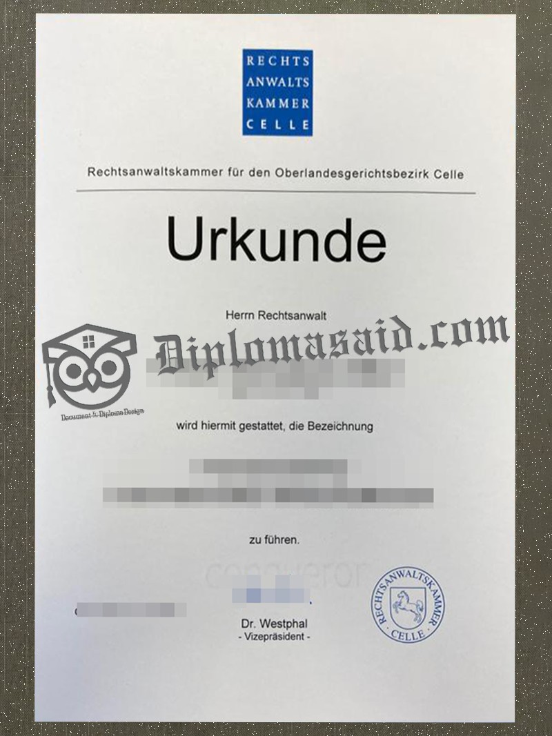 Rechtsanwaltskammer Celle Urkunde, Rechtsanwaltskammer Celle Degree Rechtsanwaltskammer Celle Urkunde, Rechtsanwaltskammer Celle Degree
